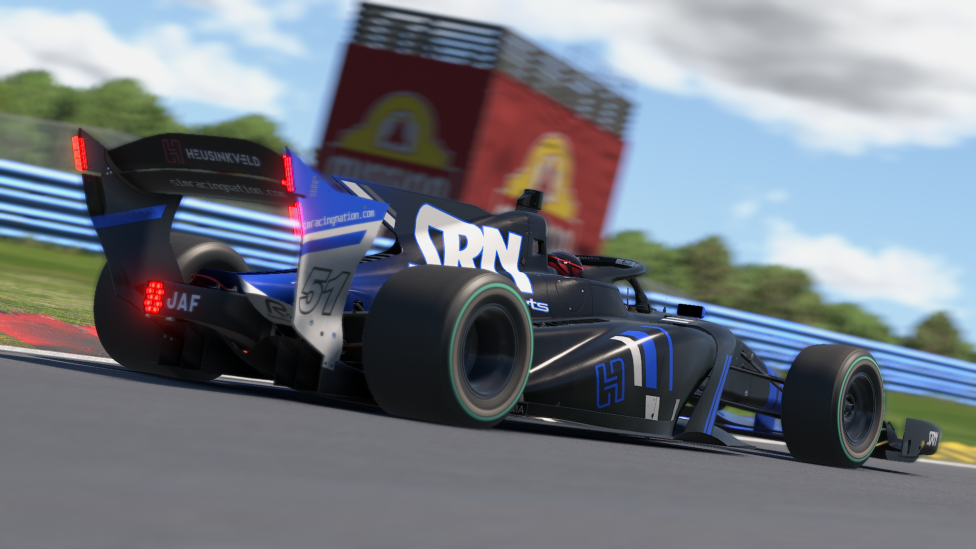 Julian Swanson #51 SRN Esports Dallara SF23 through the Watkins Glen esses